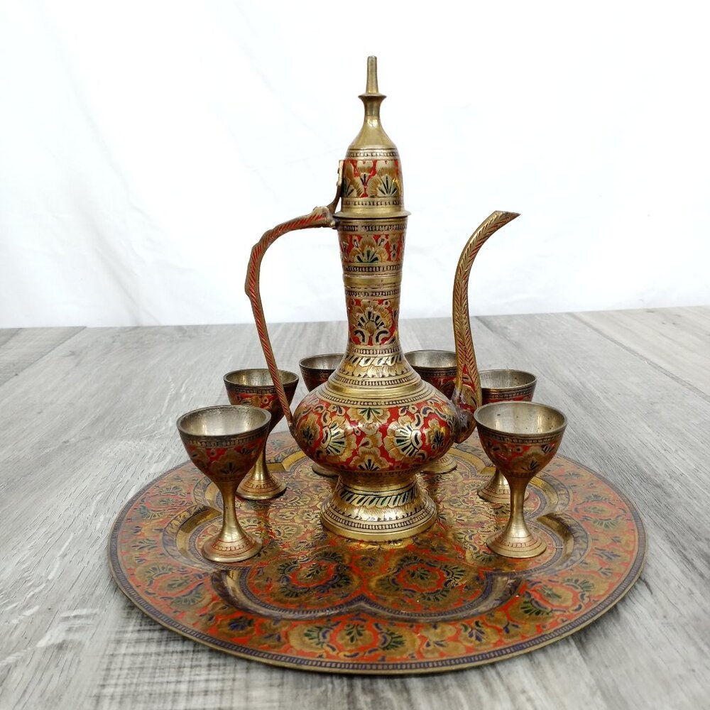 Vintage Brass Tea Pot, 6 Cup, and Tray Set Engraved